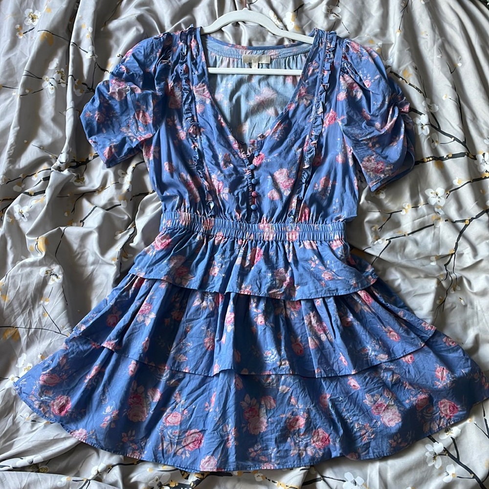 Loveshackfancy Roth Floral Tiered Ruffle Cotton Dress In Faded Denim - Picture 9 of 17